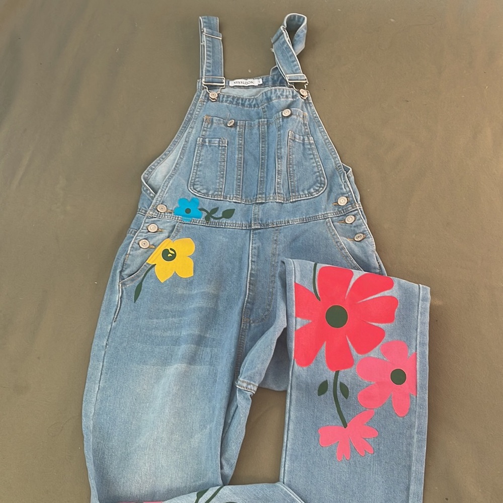 MISSLOOK  Denim  Overalls  floral printed Jeans womens size SMALL